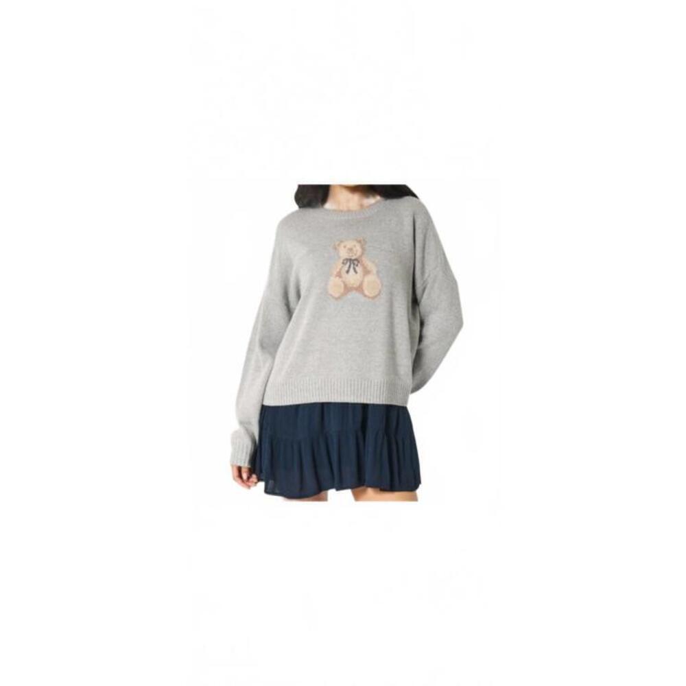 Gray Women's Cozy Soft Sweater with Teddy Bear Bow Design, Size Medium